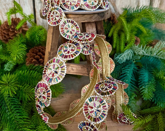 1.25" Jeweled Beaded Ribbon, Farrisilk Pinwheel Ribbon, Multi colored Ribbon, Christmas Ribbon, RK931-32