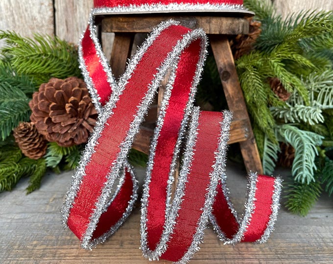 1" Red & Silver Tinsel Ribbon, Christmas Ribbon, Farrisilk ribbon, 1" x 10 yards