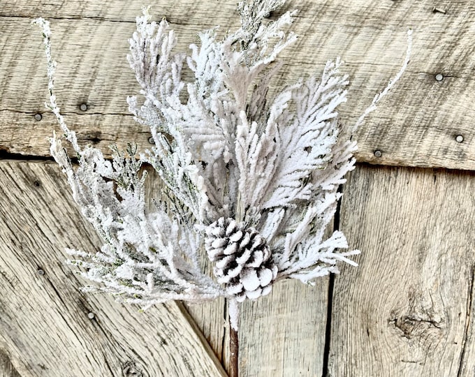 18" Snow Cedar Pinecone Spray, Flocked Pine Stem, Flocked Greenery, Flocked Floral Supply, Christmas Spray, Flocked Christmas Spray
