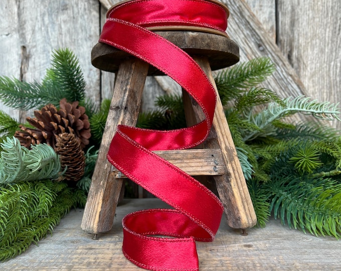 1" Red Satin Shimmer Ribbon, Christmas Ribbon, Red Ribbon, Satin Ribbon, Red Narrow Ribbon, Wired Ribbon