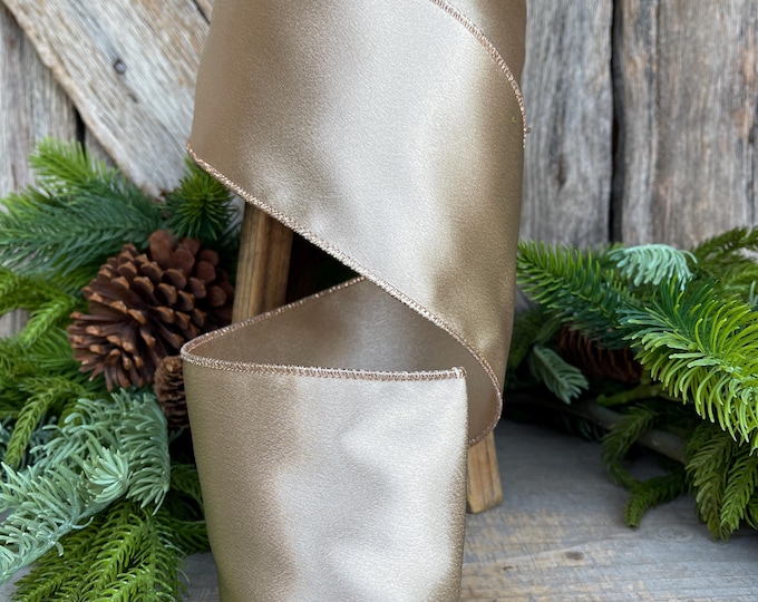 4" Champagne Gold Satin Ribbon, Christmas Ribbon, Shimmer Satin Ribbon, Wired Ribbon, Gold Ribbon