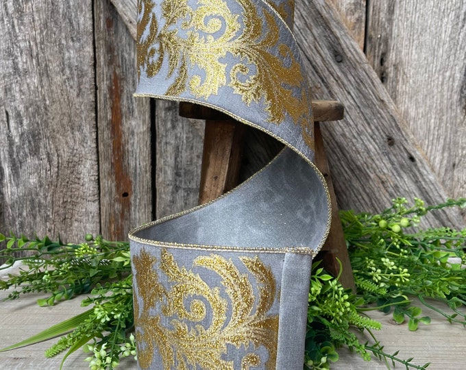 4" Silver and Gold Metallic Filigree Dupioni Wired Ribbon, Christmas Ribbon, Wired Ribbon, Ribbon for Christmas Tree, Gray Ribbon, Grey