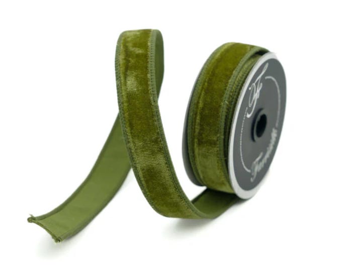 3/4" Olive Green Velvet Ribbon, Farrisilk Ribbon, Wired Ribbon, Christmas Ribbon, Moss Green Ribbon, Olive Green Ribbon, Wired