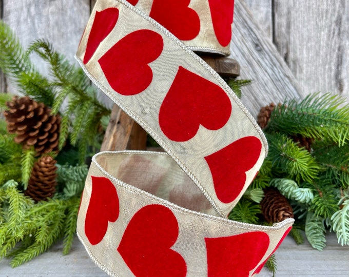 2.5" Heart Ribbon, Wired Ribbon, Farrisilk Ribbon, Designer RIbbon, Valentine Ribbon, Flocked Heart Ribbon, Red Heart Ribbon, Gold and Red