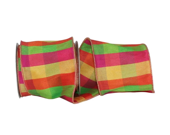 4" Pink Yellow Green Plaid Ribbon, Christmas Plaid Ribbon