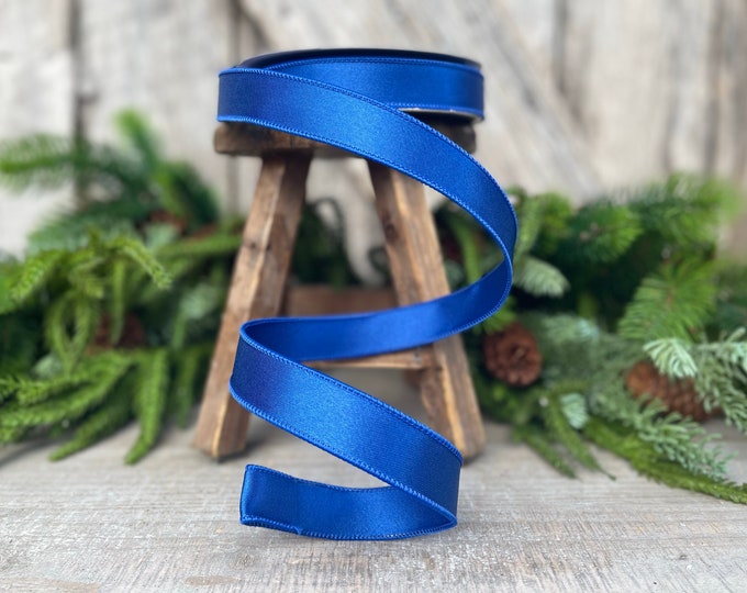1 Royal Blue Satin Ribbon, Farrisilk Ribbon, Wired Ribbon, Christmas