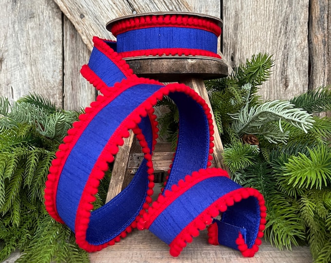 1.5" Patriotic Wired Ribbon, Pom Pom Ribbon Americana Ribbon, 4th of July Decor, 9556W-032-63C