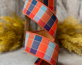 2.5" Orange Sedona Checks, Farrisilk Ribbon, Fall Ribbon, Orange Check Ribbon, Designer Ribbon, Fall Ribbon for Wreaths, Wired RIbbon