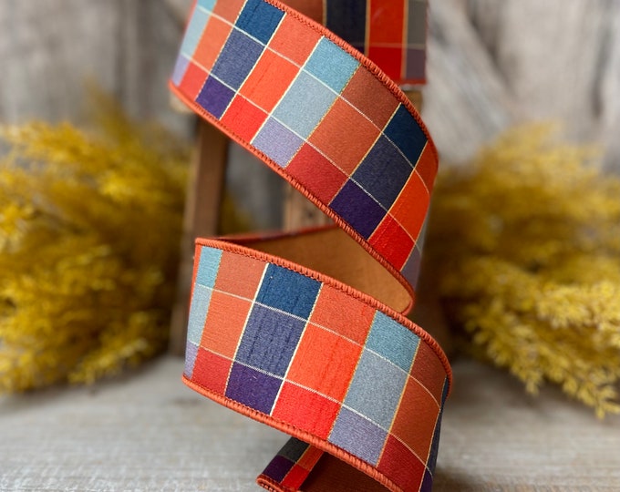 2.5" Orange Sedona Checks, Farrisilk Ribbon, Fall Ribbon, Orange Check Ribbon, Designer Ribbon, Fall Ribbon for Wreaths, Wired RIbbon