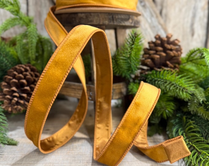 1" Antique Gold Wired Ribbon, Gold Christmas Velvet Ribbon