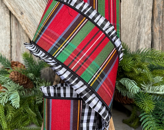 4" Tartan Plaid Ribbon, Farrisilk Ribbon, Anglsey Abbey Ribbon, Ruffle Edge Ribbon, Traditional Plaid Ribbon, Christmas Plaid, RK855-32