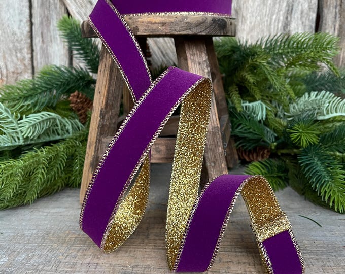 1" Purple Gold Gleam Ribbon, Farrisilk Ribbon, Wired Ribbon, Christmas Ribbon, Purple Ribbon, RS203-58