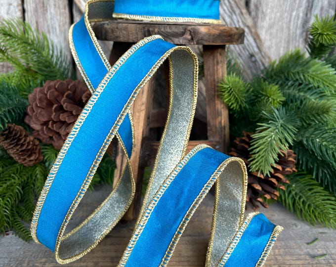 1" Blue Gold Ribbon, Blue Christmas Ribbon, Nancy Brown Ribbon