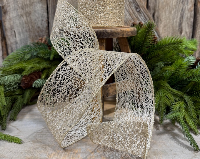 3" White Gold Mesh Wired Christmas Ribbon, 10 Yard Roll