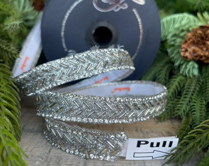 3/4" Silver Jewel Ornamate, Farrisilk Stick On Jewels, Silver Diamond Self Adhesive Jewel Tape, Stick on Ribbon, DIY Ornaments
