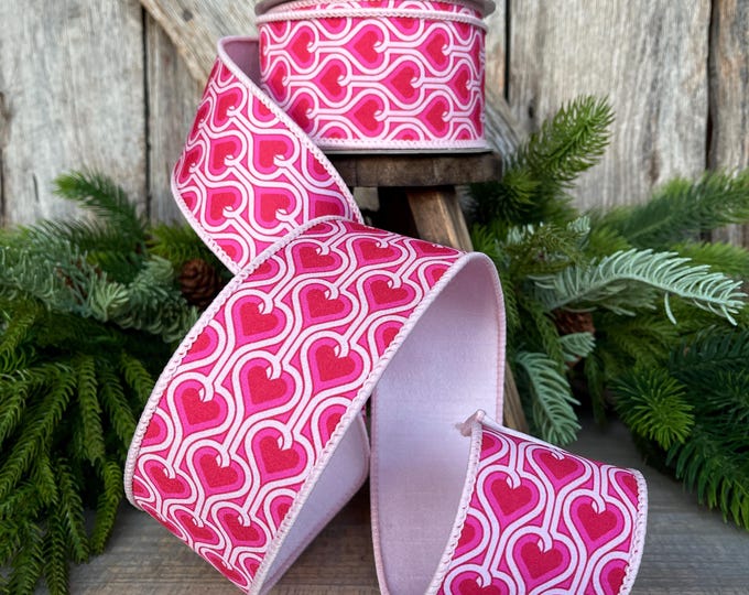 2.5" Heart Valentine Ribbon, Farrisilk Ribbon, Wired RIbbon, Groovy Hearts Ribbon, Valentine Ribbon, Pink and Red Ribbon, SR017-22
