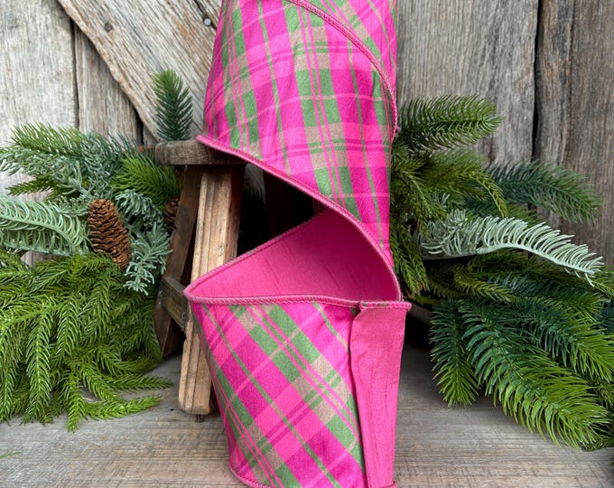 4" Pink and Green Bias Plaid RIbbon, Preppy Ribbon, Bubblegum Pink Plaid Ribbon, Christmas Ribbon, Hot Pink Ribbon