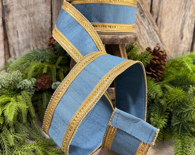 2.5" Steel Blue Twinkle Borders Ribbon, Farrisilk Christmas Ribbon, Dusty Blue Ribbon