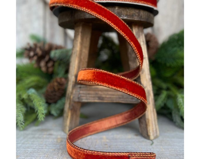 3/4" Cinammon Velvet Ribbon, Farrisilk Ribbon, Fall Ribbon, Christmas Ribbon, Velvet Ribbon, Wired Ribbon, Orange Cinammon Ribbon, RV000-34