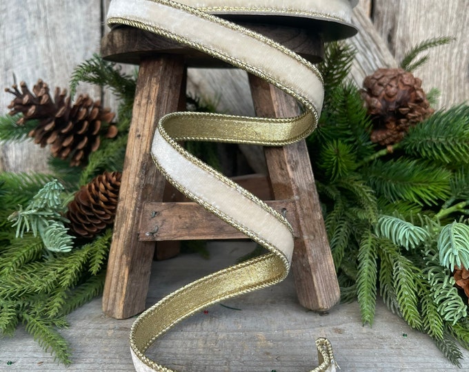 3/4" Cream White Flashy Velvet, Farrisilk Ribbon, Wired Ribbon, Cream White Velvet Ribbon, Cream and Gold Velvet, Christmas Ribbon, RG074-01