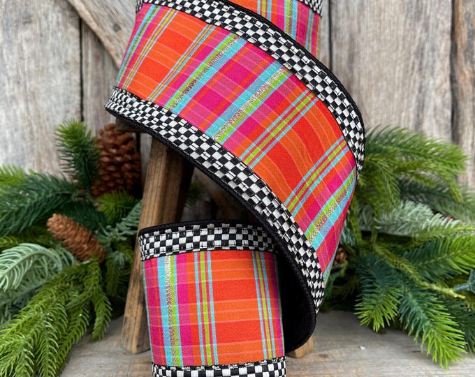 4" Kitschy Plaid Ribbon, Farrisilk Ribbon, Christmas Plaid Ribbon, Halloween Plaid Ribbon, Black White Check, RK850-32