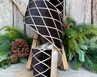Black Velvet Wired Ribbon, Black Gold Lattice Ribbon Christmas Tree & Holiday Decor, 4" x 10yds