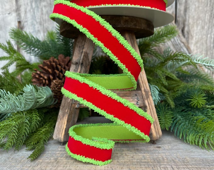 1" Red Lime Green Ribbon, Farrisilk Ribbon, Scrooge Trim Ribbon, Wired Ribbon, Christmas Ribbon, Fuzzy Edge Ribbon, RS221-47