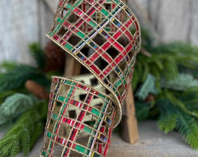 4" Traditional Christmas Plaid Ribbon, Farrisilk Ribbon, Window Plaid Ribbon, Traditional Plaid Ribbon, Gold Christmas Plaid, RK828-32