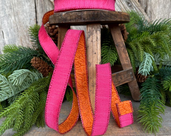 7/8" Pink Orange Ribbon, Hot Pink Ribbon, Wired Ribbon, Double sided ribbon Ribbon, Pink Orange Ribbon, D61532-05-28