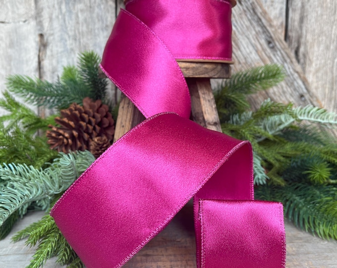 2.5" Hot Pink Satin Ribbon, Christmas Ribbon, Shimmer Satin Ribbon, Wired Ribbon, Hot Pink Ribbon
