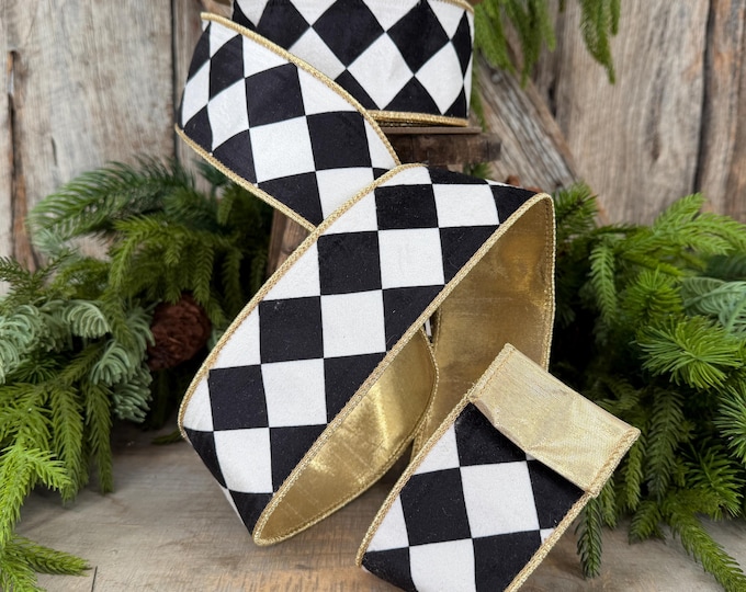 2.5" Black and White Harlequin Ribbon, Christmas Ribbon