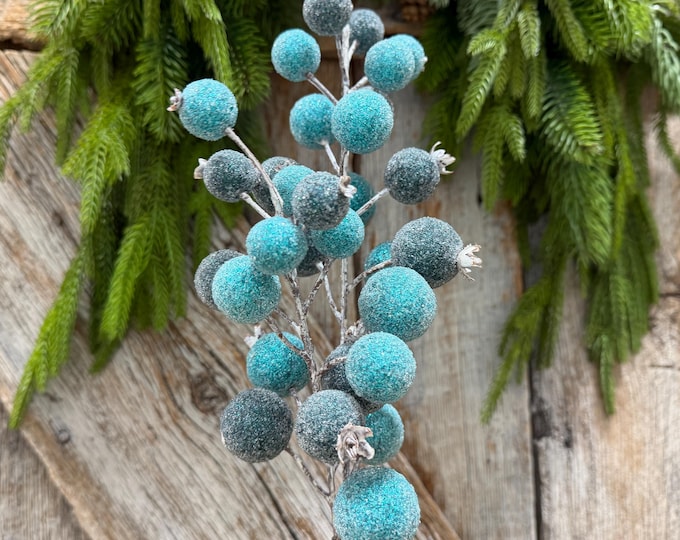 22" Blue Beaded Metallic Berry Spray, Frosted Blue Berry Pick, Christmas Floral Spray, Winter Tree & Wreath Decor