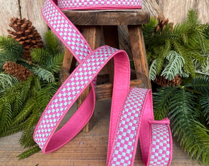 Pink Spearmint Check Ribbon: 1" Farrisilk Kitschy Christmas Ribbon