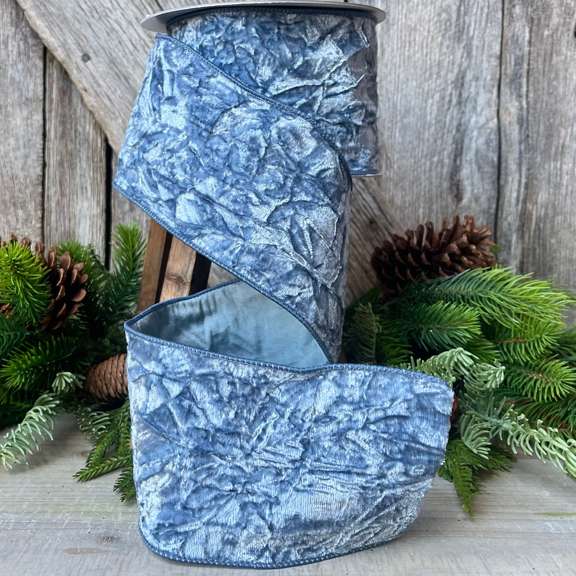 4 Blue Crushed Velvet, Christmas Tree Ribbon, Farrisilk Velvet, Blue