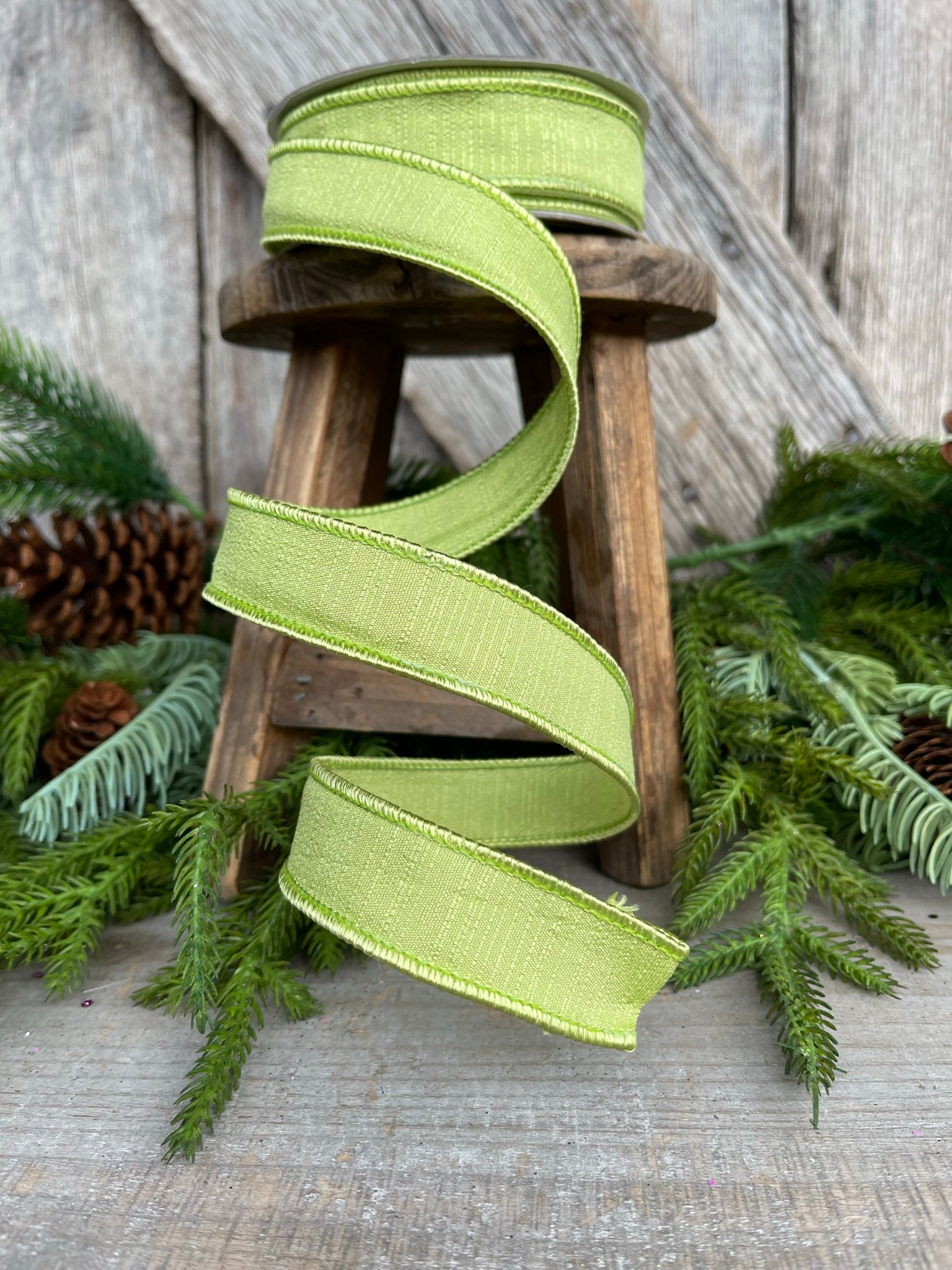 1 Sage Green Ribbon, Farrisilk Shabby Silk, 1 Inch Ribbon, Sage Green Ribbon,  Pastel Ribbon Trim, Wired Ribbon, Wreath Supply, Christmas 
