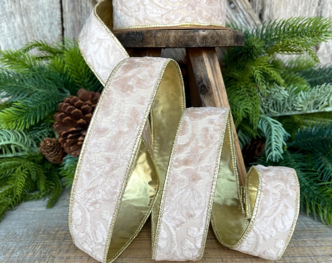 1.5" Ivory Velvet Ribbon, Ivory Ribbon, Embossed Velvet Ribbon, Christmas Ribbon, 2.5 x 10yds