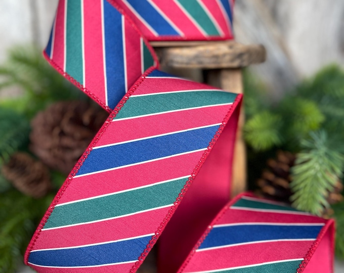 2.5" Red Green Blue Stripe Christmas Ribbon, Christmas Ribbon, 2.5" x 10yds