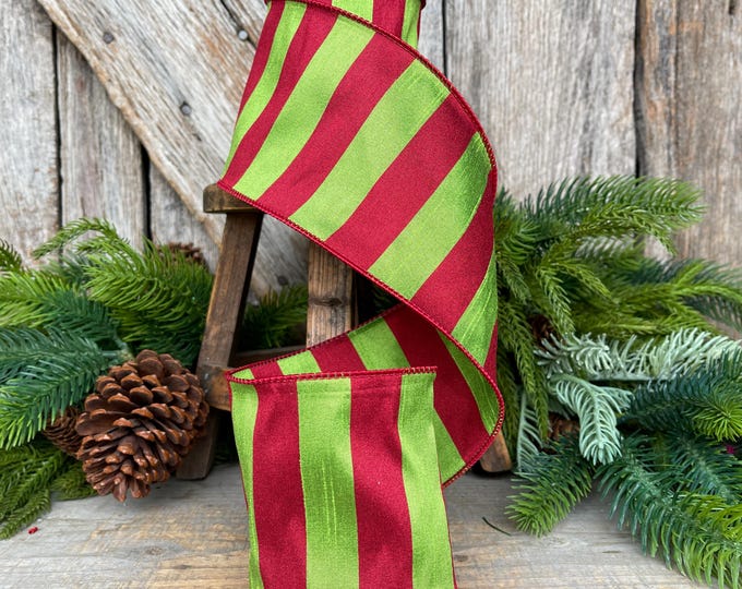 4" Red Lime Green Christmas Ribbon, Whimsical Christmas Ribbon