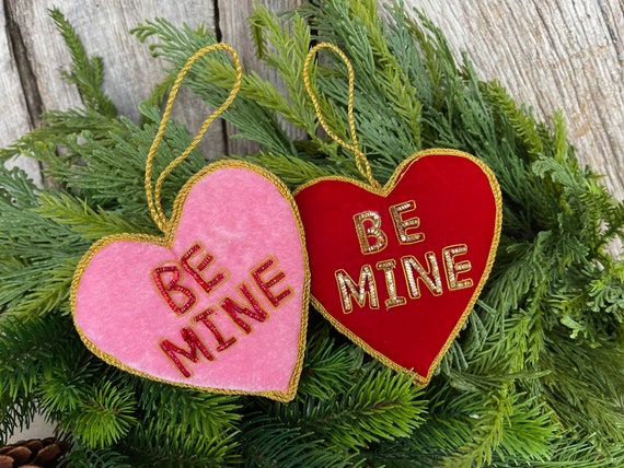 4 Heart Ornaments, Be Mine Ornament, Red and Pink Heart Ornament, Velvet  Ornamnets, Velvet Hearts, Wreath Attachment, Valentine Wreath 