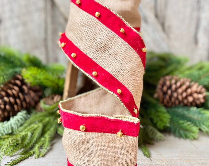 4" Red Velvet and Burlap Bells Ribbon, Christmas Burlap RIbbon, 5 Yards, Christmas Tree Ribbon, Red and burlap ribbon, Wired RIbbon, Ribbon