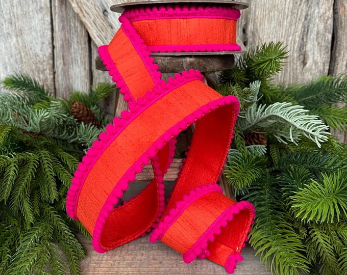 1.5" Orange Hot Pink Ribbon, Wired Ribbon, Designer Ribbon, Orange Ribbon, Pom Pom Ribbon, 94596W-187-09D