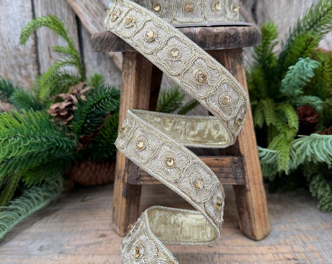 1" Gold Fleurish Embroidered Floral Ribbon, Gold Jeweled Farrisilk Ribbon