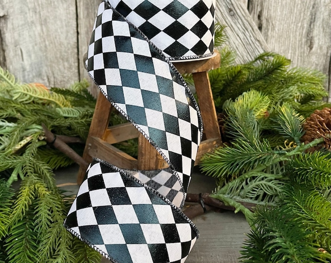 2.5" Harlequin ribbon, Black and White Jester Ribbon, RIbbon, Wired RIbbon, Nutcracker Theme, Christmas Tree Ribbon, Wreath Supply
