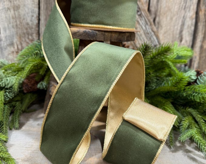 2.5" Forest Green Velvet Ribbon, Moss Green & Gold Velvet Ribbon, Christmas RIbbon, Moss Green Velvet Ribbon, Designer Ribbon, Woodland