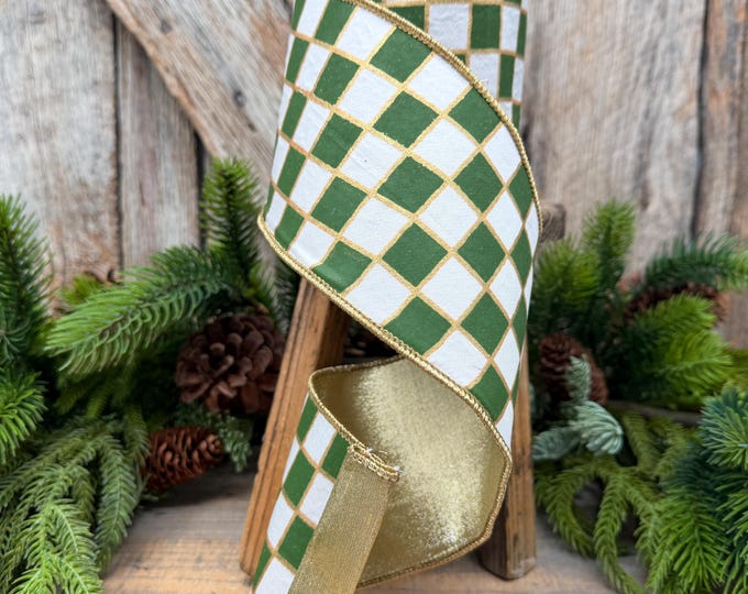 4" Moss Green Check Christmas Ribbon with Gold Backing – Wired Edge