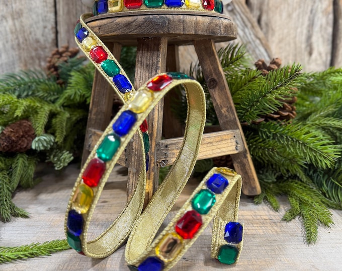 1" Multi Emerald Cut Jeweled Ribbon, Christmas Ribbon, Jeweled Ribbon, Farrisilk Ribbon, RJ017-32
