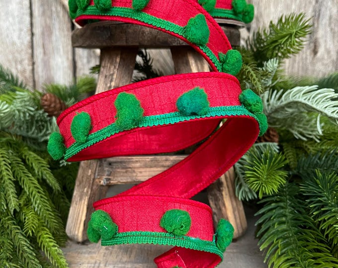 1.5" Christmas Ribbon, Wired Ribbon, Pom Pom Ribbon, Christmas Pom Pom Ribbon, Christmas Decor, Red Green Ribbon, 94597W-985-05D