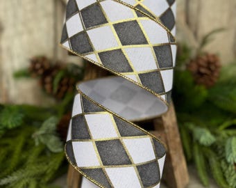 2.5" Black White Antique Diamonds Ribbon, Farrisilk Ribbon, Harlequin Ribbon, Christmas Ribbon, Wired RIbbon, Designer Ribbon, RA239-92
