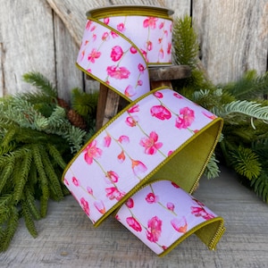 2.5&quot; Cherry Blossom Ribbon, Farrisilk Ribbon, Wired Ribbon, Pink Floral Ribbon, Cherry Blossom Decor, SR010-14