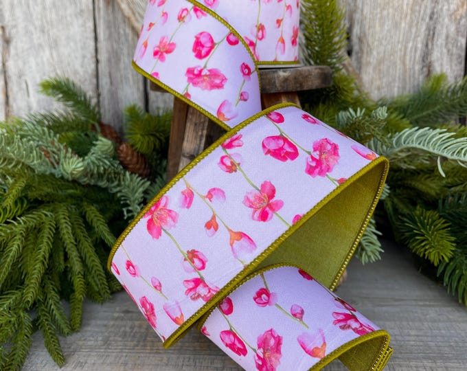 2.5" Cherry Blossom Ribbon, Farrisilk Ribbon, Wired Ribbon, Pink Floral Ribbon, Cherry Blossom Decor, SR010-14